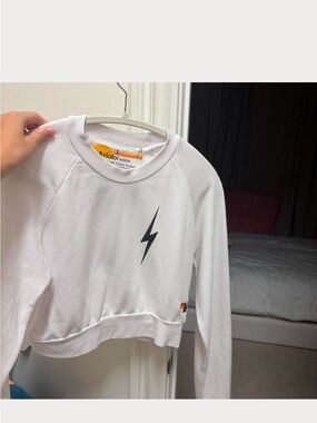 Aviator Nation White Cropped Sweatshirt with Black Lightning Bolt